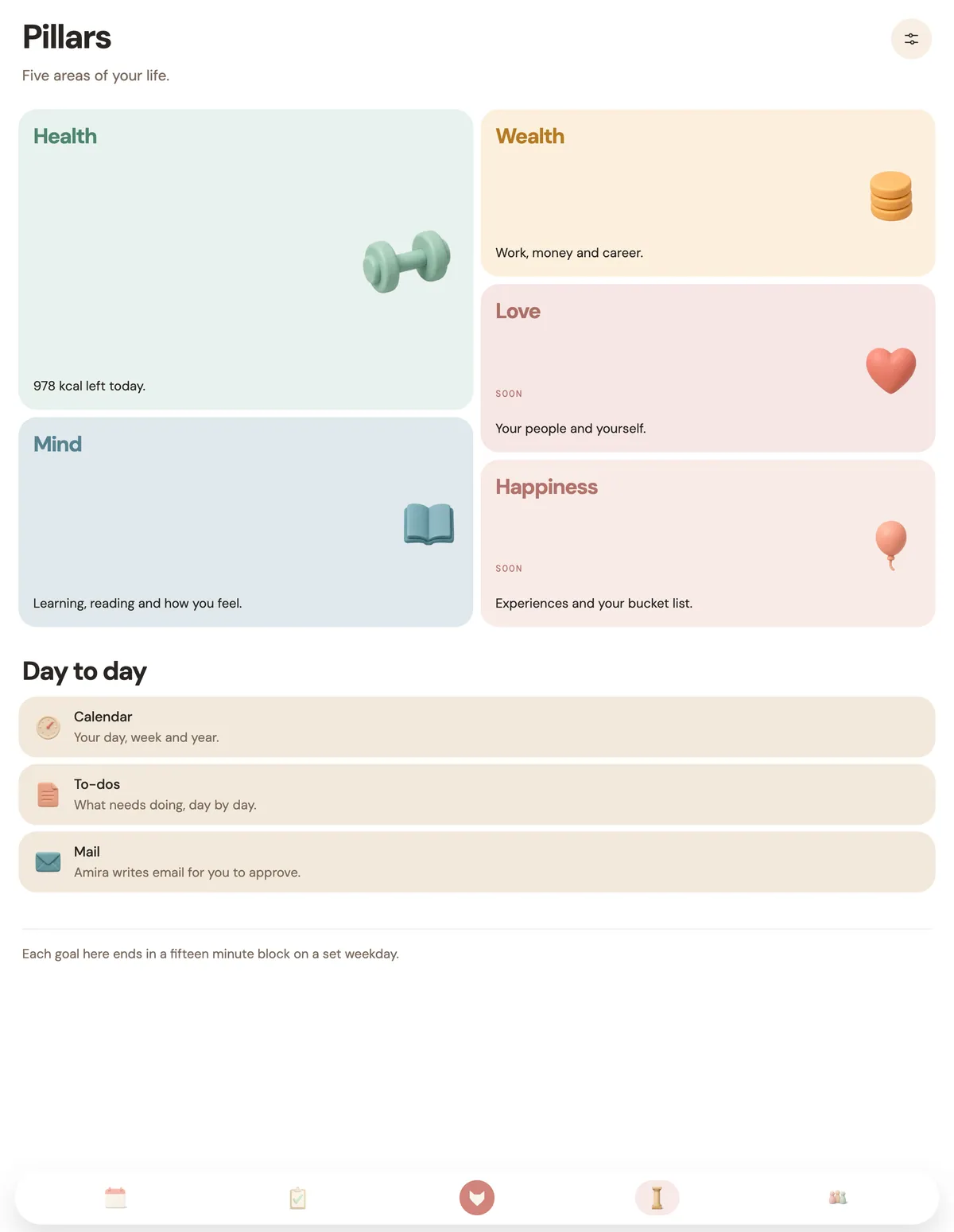 The Pillars screen on iPad. Health shows 978 kcal left today. Wealth and Mind are open, and Love and Happiness are marked Soon. Calendar, To-dos and Mail sit under Day to day.