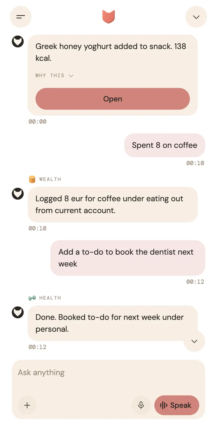Amira's chat on iPhone. A snack, an 8 euro coffee and a dentist to-do, each confirmed with a short reply.