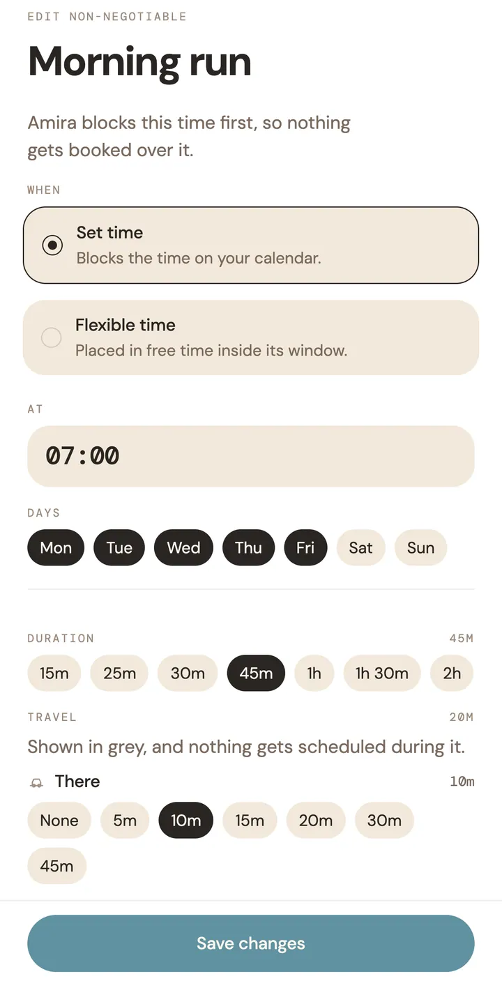 Editing the Morning run non-negotiable: a set time of 07:00, Monday to Friday, 45 minutes, with 10 minutes of travel there.