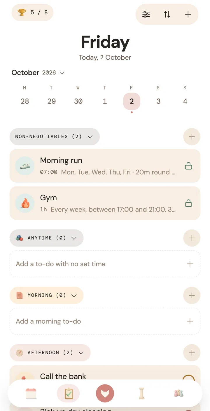 To-dos for Friday 2 October, five of eight done, with the morning run and the gym locked at the top.
